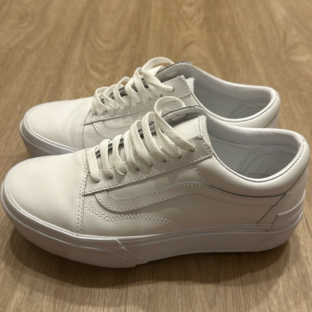 White on white old skool platform vans